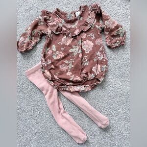 Gerber Floral Baby Romper in Pink and Brown with matching tights